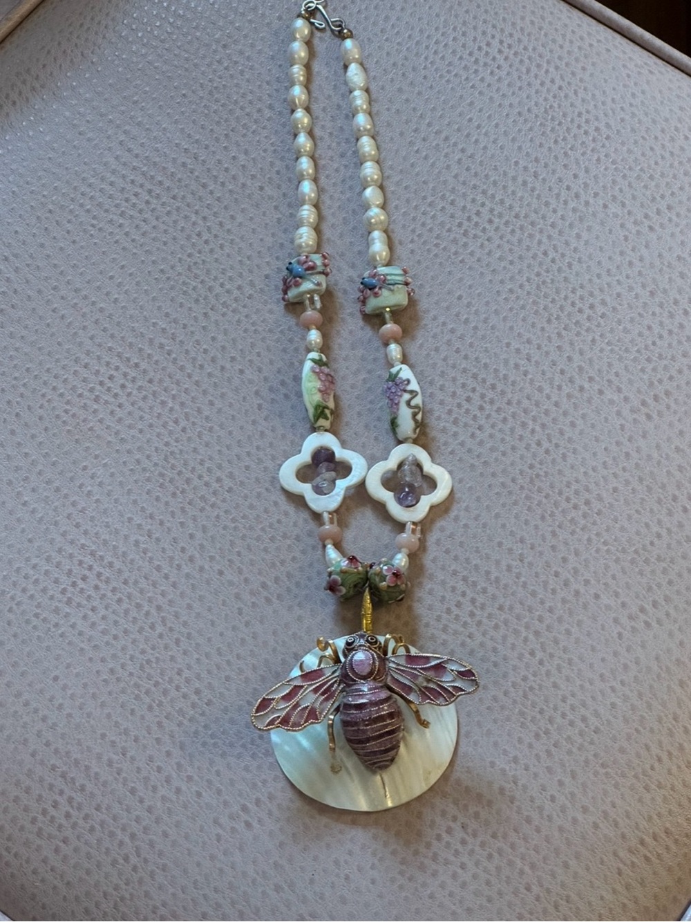 Artisan Bee Statement Necklace Freshwater Pearl Lampwork Glass Mother of Pearl